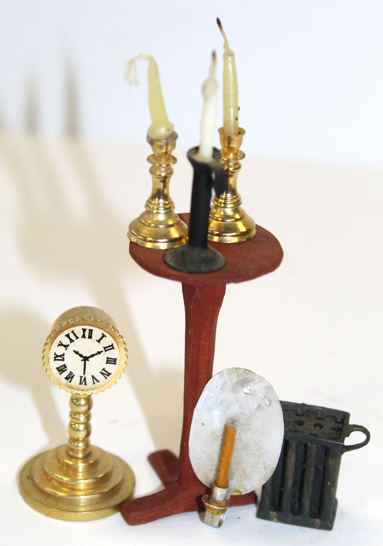 Miniatures lot incl candlestand w candlesticks, sconce, clock, etc - approx 1"-1 1/2": Miniatures lot incl candlestand w candlesticks, sconce, clock, etc - approx 1"-1 1/2"