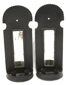 Pr of antique style sheet tin mirrored candle sconces in black paint - 16" tall x 6 1/2" wide