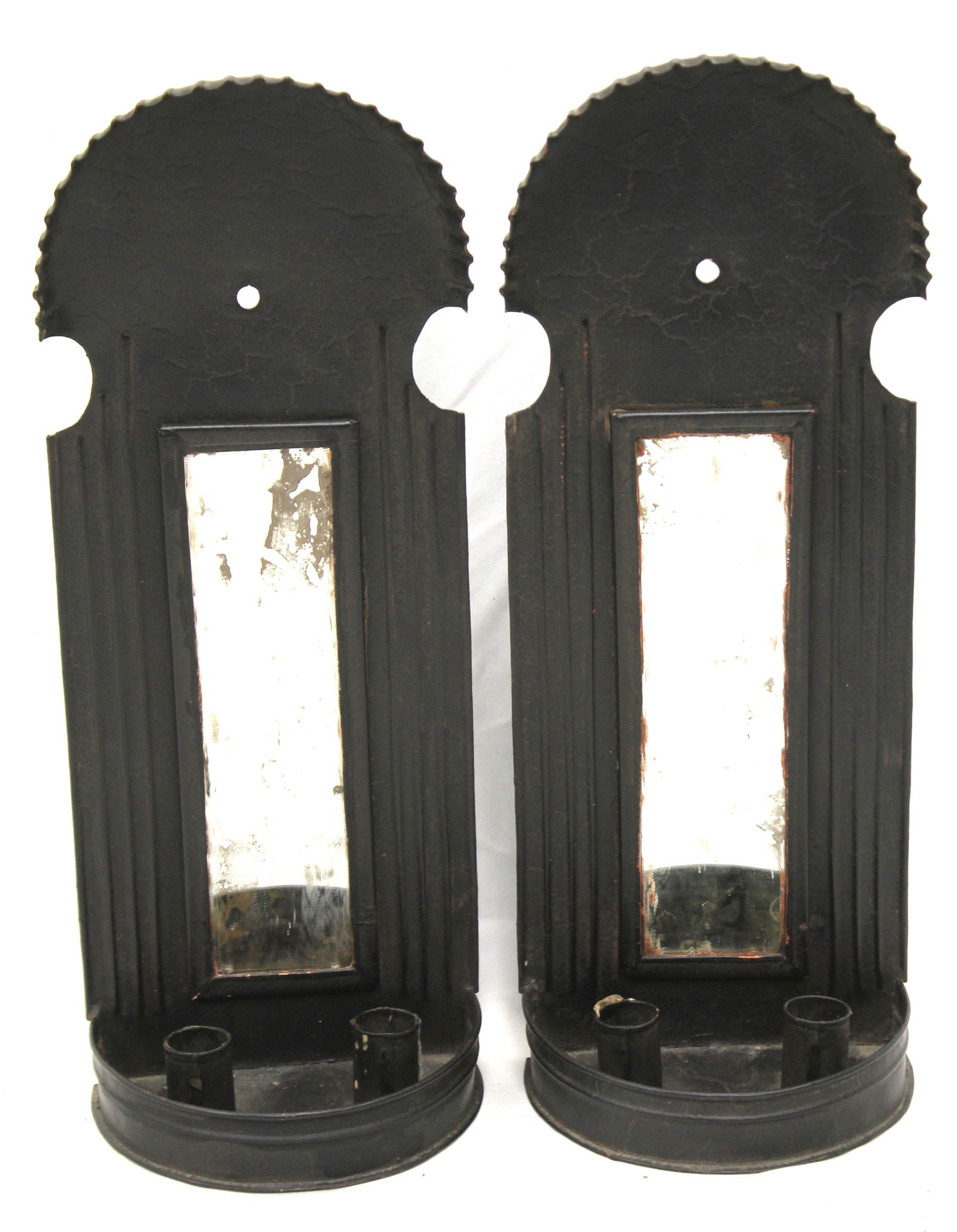 Pr of antique style sheet tin mirrored candle sconces in black paint - 16" tall x 6 1/2" wide (1 of 6)