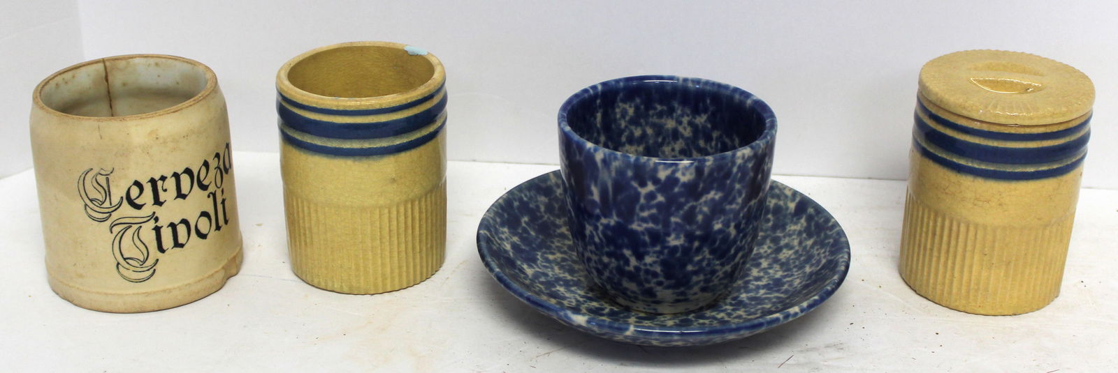 Misc pottery lot incl pr of yellowware cups, spongeware cup & saucer & Villeroy & Back mug (as is) - (1 of 9)