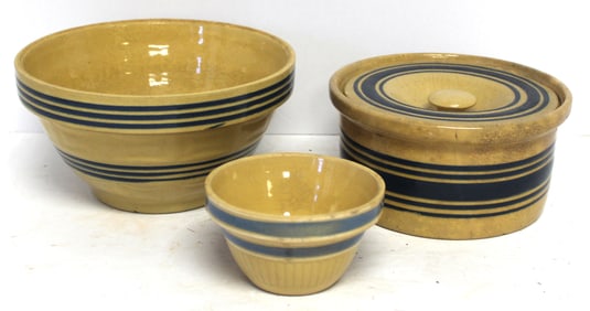 Lot of antique blue banded yellowware incl 2 bowls & a covered butter - 4" diam - 8" diam