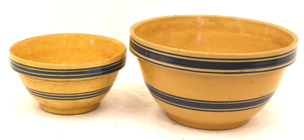 Lot of 2 antique yellowware blue banded bowls - 8" diam & 11 1/2" diam