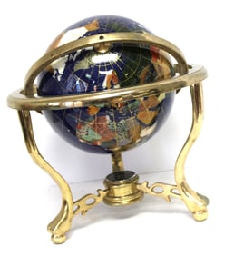 Vintage globe on stand w inlaid countries & compass base - 13" tall x 14" diam