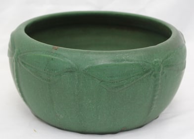 Antique Weller Bedford green matte dragonfly bowl - 4 1/2" tall x 8" diam