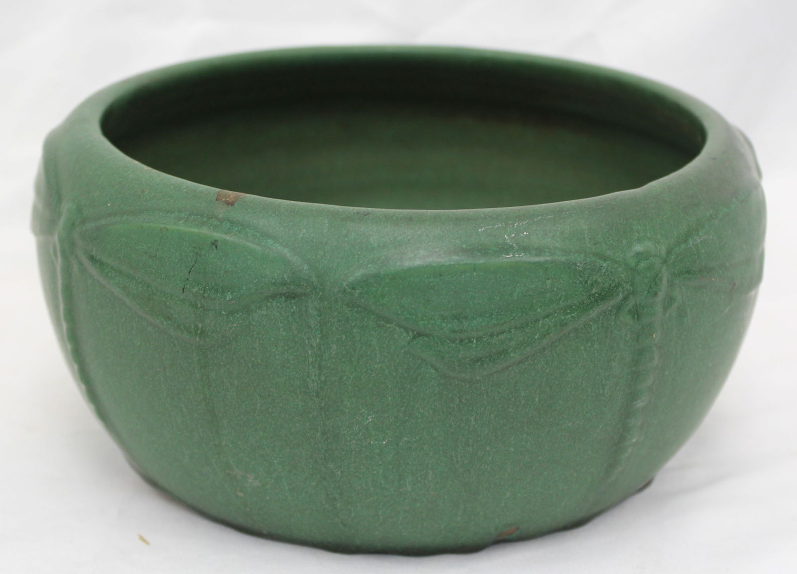 Antique Weller Bedford green matte dragonfly bowl - 4 1/2" tall x 8" diam (1 of 4)