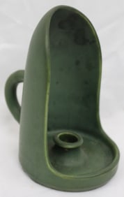 Signed Hampshire Pottery matte green chamberstick - 6 1/2" tall x 6" wide