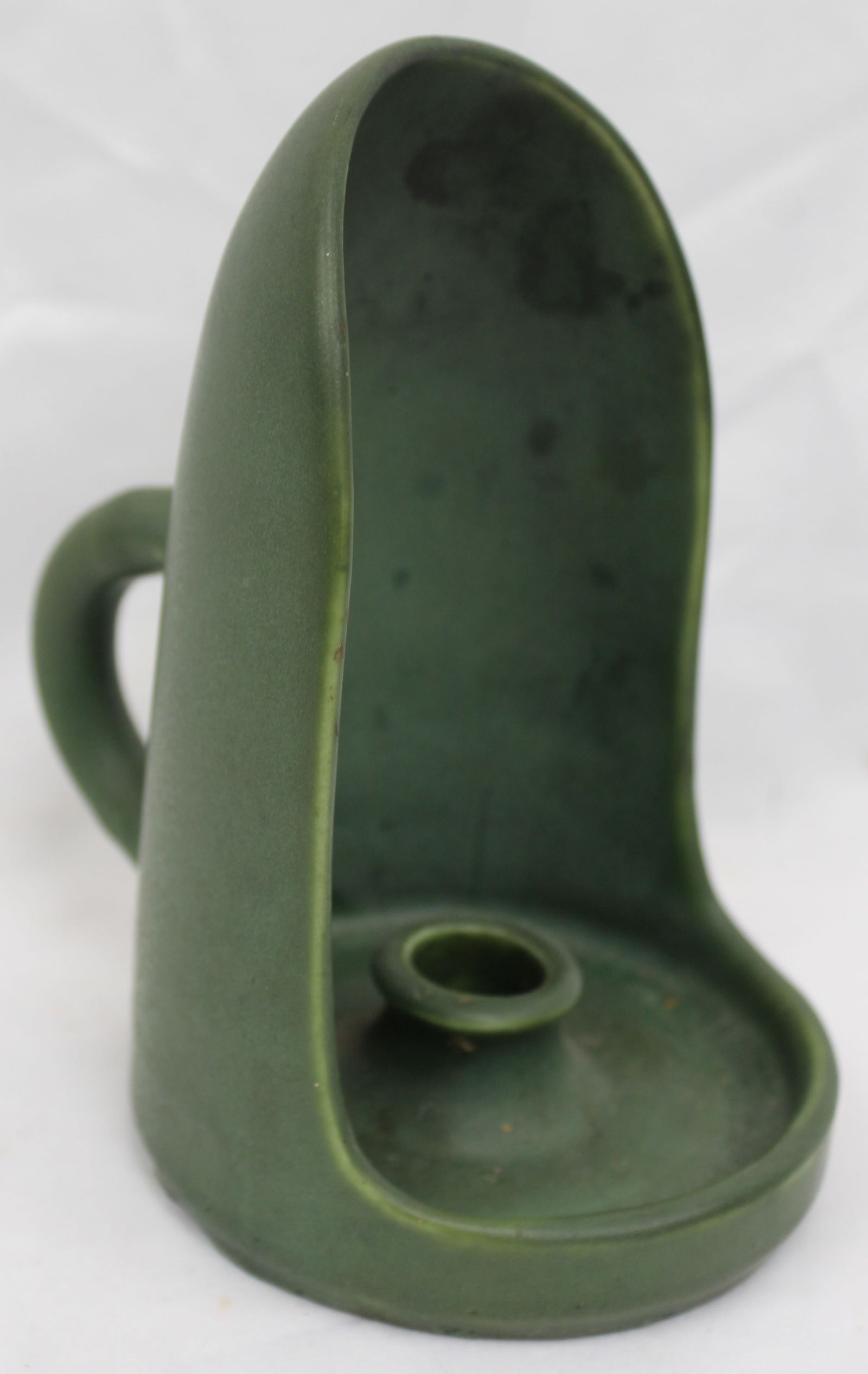 Signed Hampshire Pottery matte green chamberstick - 6 1/2" tall x 6" wide: Signed Hampshire Pottery matte green chamberstick - 6 1/2" tall x 6" wide