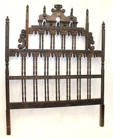 Victorian carved walnut headboard w floral motif & spool turned spindles - 69" tall x 55" wide