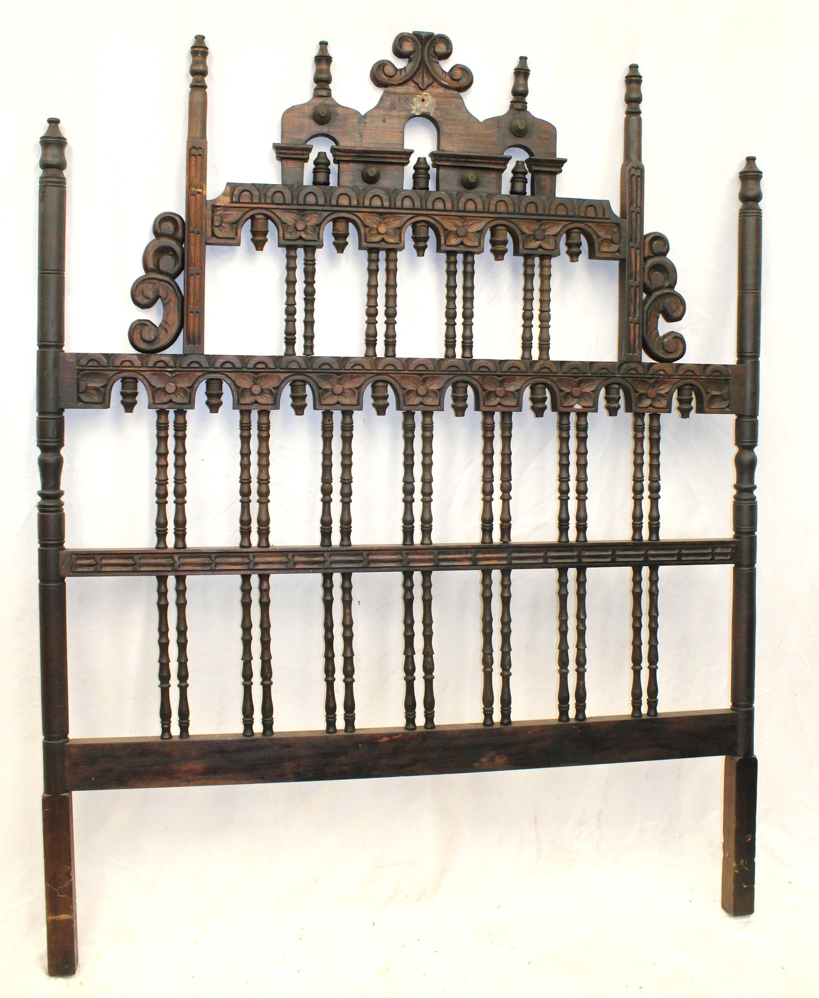 Victorian carved walnut headboard w floral motif & spool turned spindles - 69" tall x 55" wide (1 of 8)