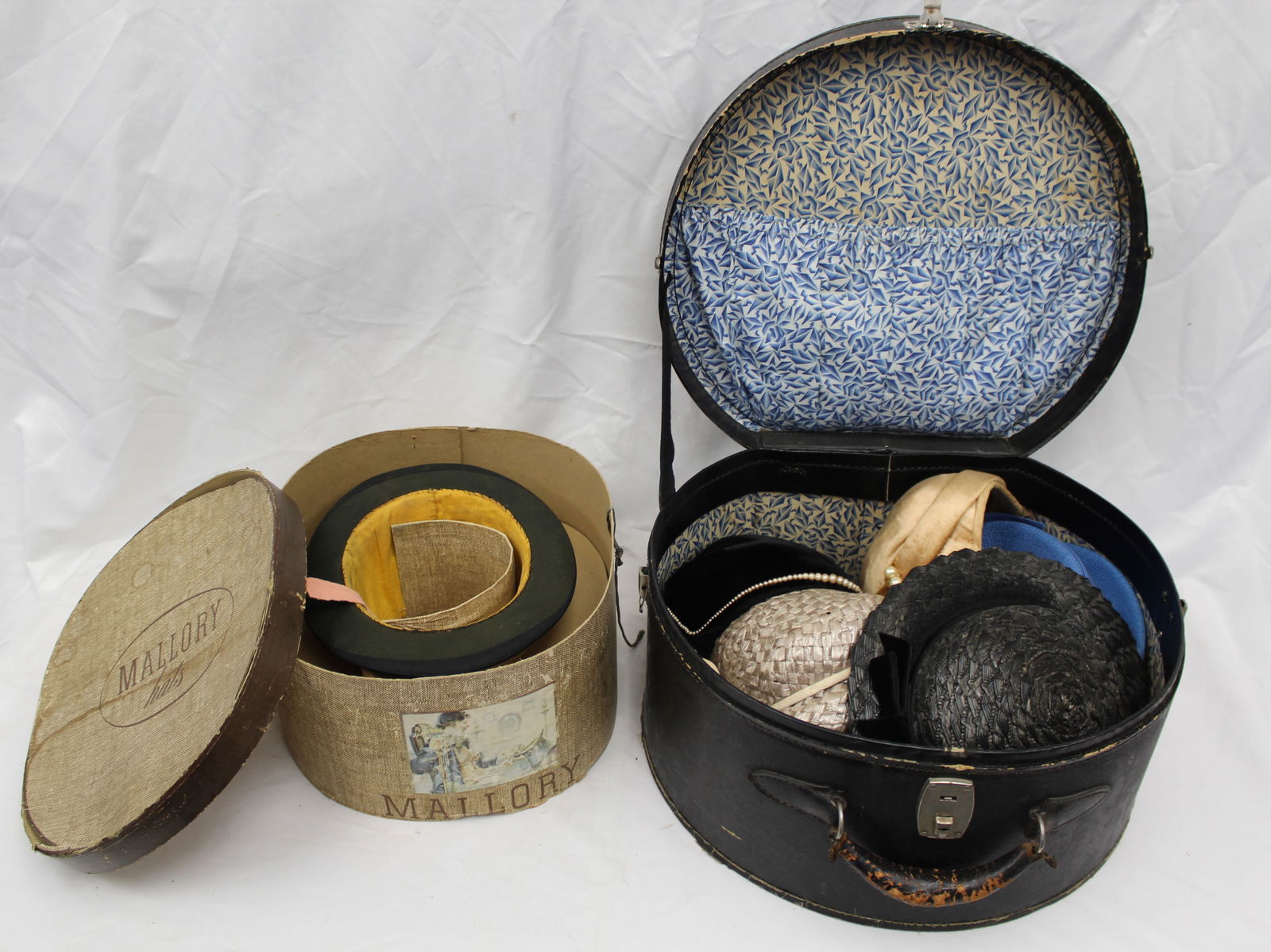 Lot of vintage/antique hats incl top hat in orig box plus a case w 5 ladies hats (1 of 8)