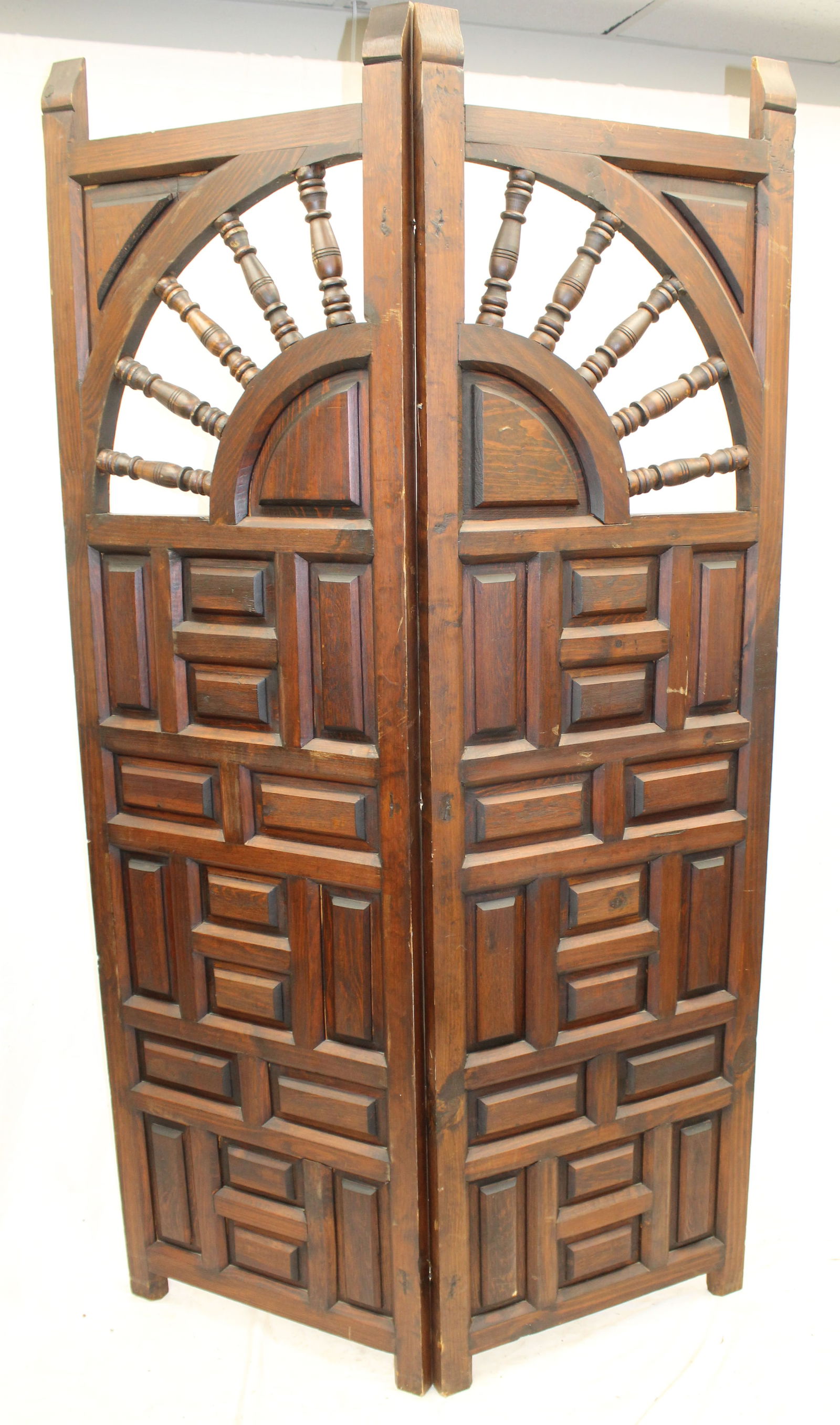 Vintage paneled teakwood 2 section folding dressing screen - 32" x 23 1/2" each panel (1 of 7)