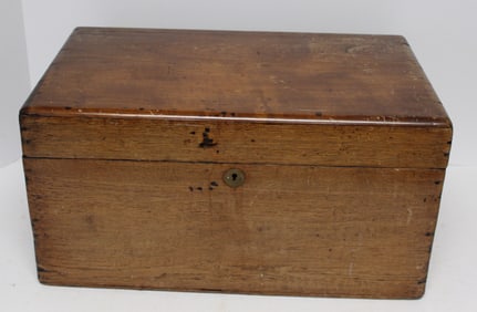 Antique travelling lap desk w interior plus 2 stoneware inkwells - 12" tall x 23" wide x 13 1/2"