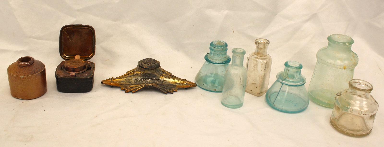 Collection of 9 inkwells incl glass, stoneware & a travel example in orig case (1 of 6)