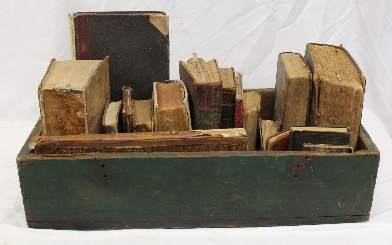 Lot of antique books incl leatherbound in a green painted antique box - as found - box measures 7" (1 of 8)