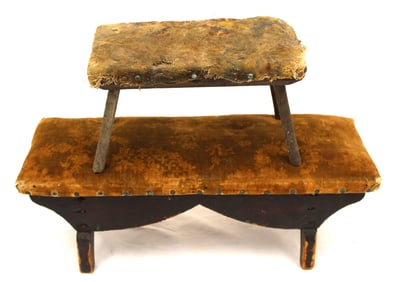 Lot of 2 antique footstools w fabric upholstered tops - 7" tall x 22"x8" & 7" tall x 12"x7"