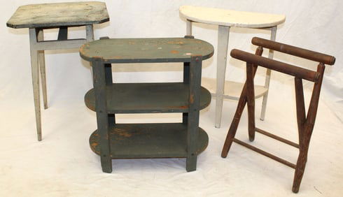 Lot of 4 primitive country furniture items incl 1 dr stand in gray (missing drawer), 3 tier oblong