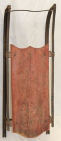 Antique wooden sled in red paint w iron runners - 7" x 36"x12"