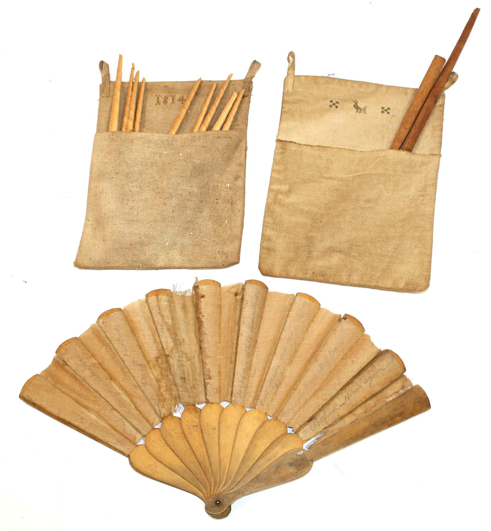 Antique textile lot incl 2 embroidered pouches plus a fan w pencil writing: Antique textile lot incl 2 embroidered pouches plus a fan w pencil writing