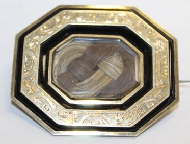Victorian mourning brooch w braided locks of hair w octagonal gold & black enamel border W inscribed