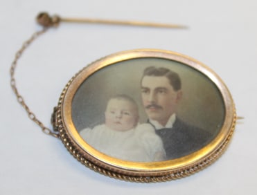 Victorian brooch w miniature portrait of gentleman & baby - inscribed on back "C.H. Woods West Newbu