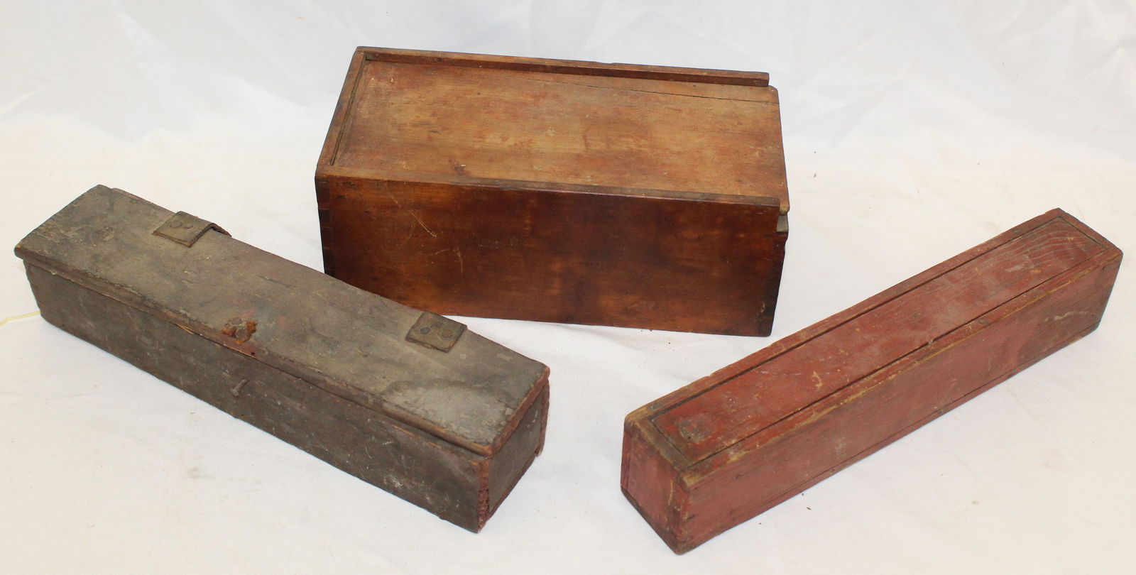 Lot of 3 small antique lift/slide top boxes - 10 1/2", 12" & 11" long (1 of 7)