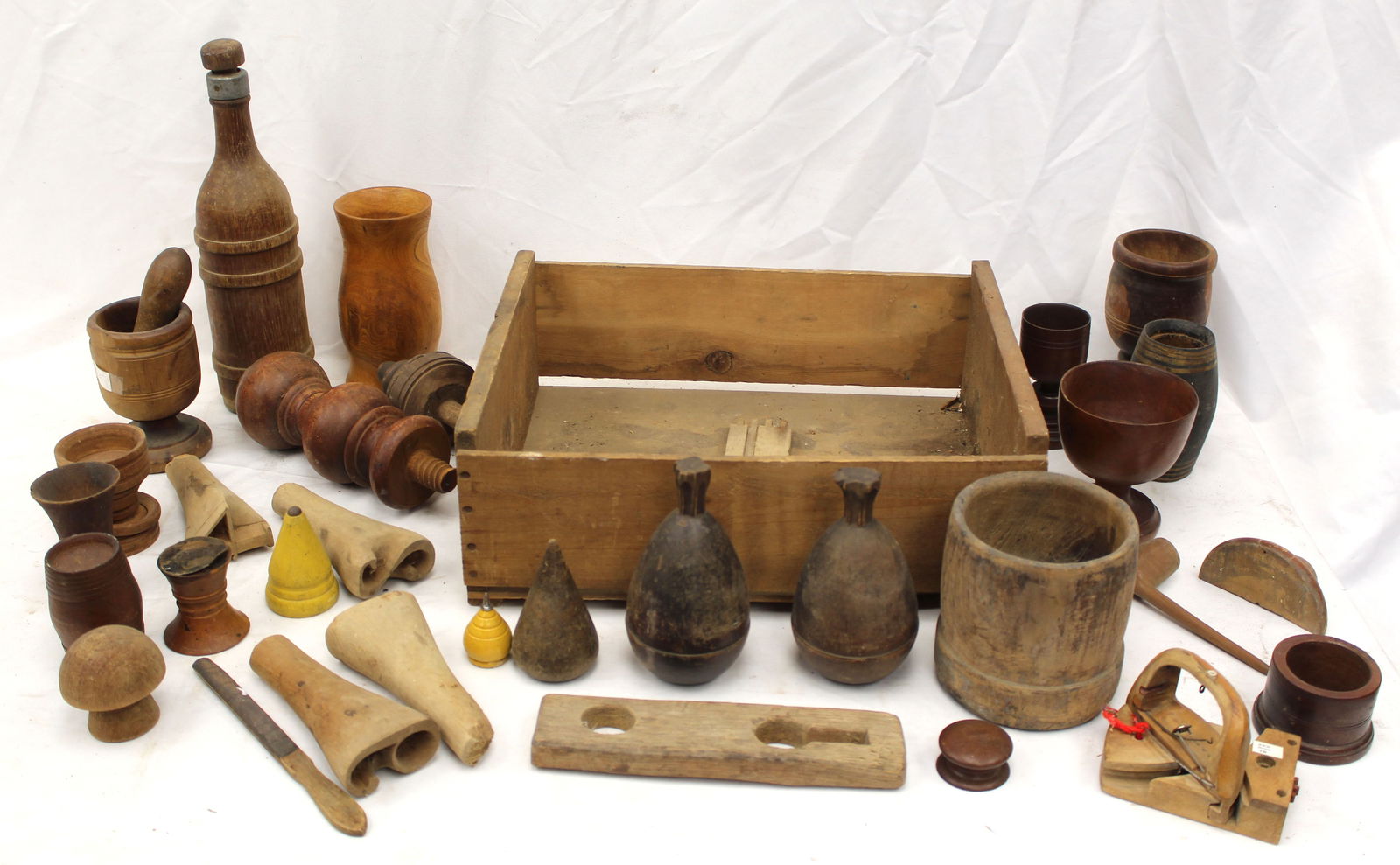 Large lot of antique treen incl cups, mortars & pestle, bottle, finials, etc - 3"-5" (1 of 6)