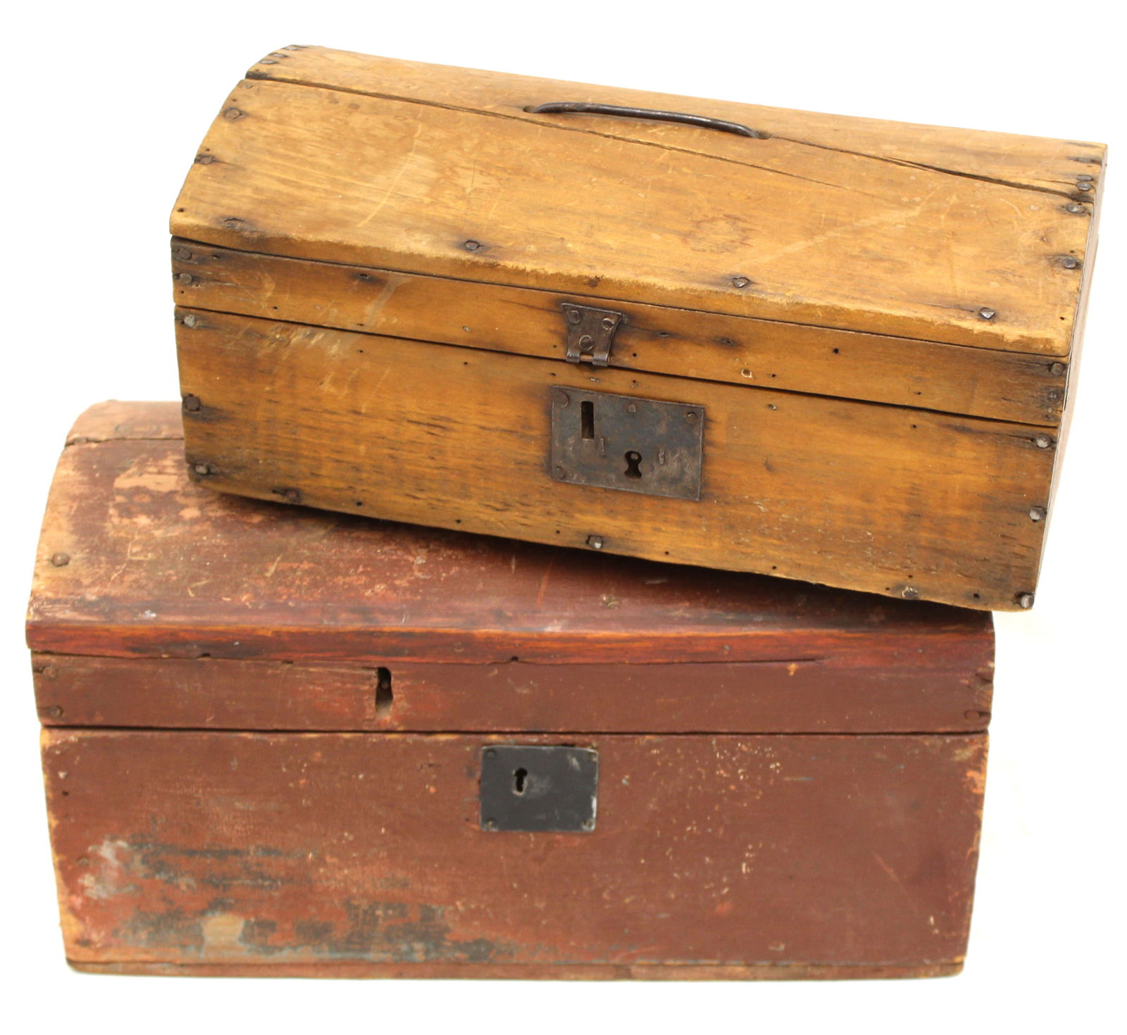 Lot of 2 antique dome top valuables boxes - 1 in red paint - 6"x14"x7 1/2" & 8 1/2"x15"x9" (1 of 6)