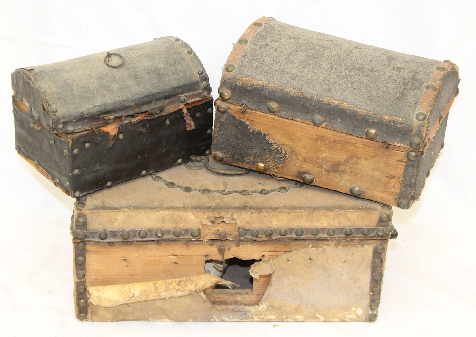Lot of 3 small hide covered & bras tacked boxes incl 2 dome tops - 4"x6"x4"; 5 1/2"x8"x6" & 5 (1 of 4)