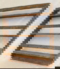 Antique wooden wall shelf w lower pegs w traces of old paint - 33" tall x 31"x5"