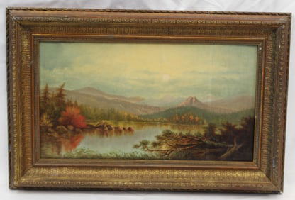 Antique o/c White Mountains in autumn landscape - overall framed size 15"x23 1/2"