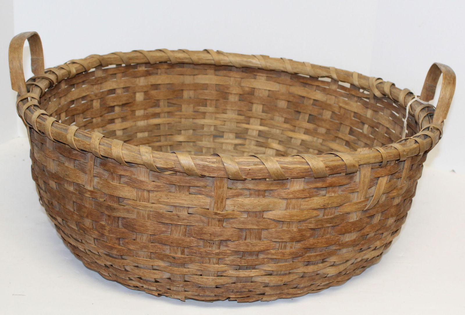 Large antique 2 handled gathering basket - 8" tall x 22 1/2" diam (1 of 6)