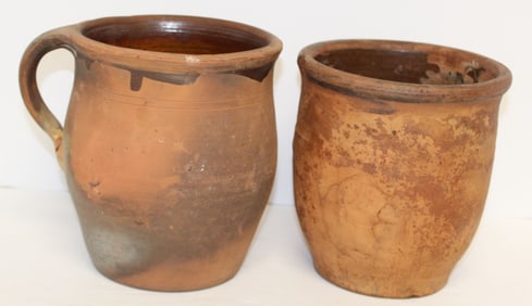Antique redware jug & jar - 7 1/2" x 7" & 7" x 6 1/4"