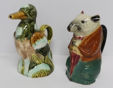 Lot of 2 19thC French Majolica Absinthe figural water pitchers - Rat & Duck - 9 1/2" & 9" tall