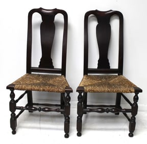 Pair of antique QA chairs w rush seats - 40" tall w 18" seat height