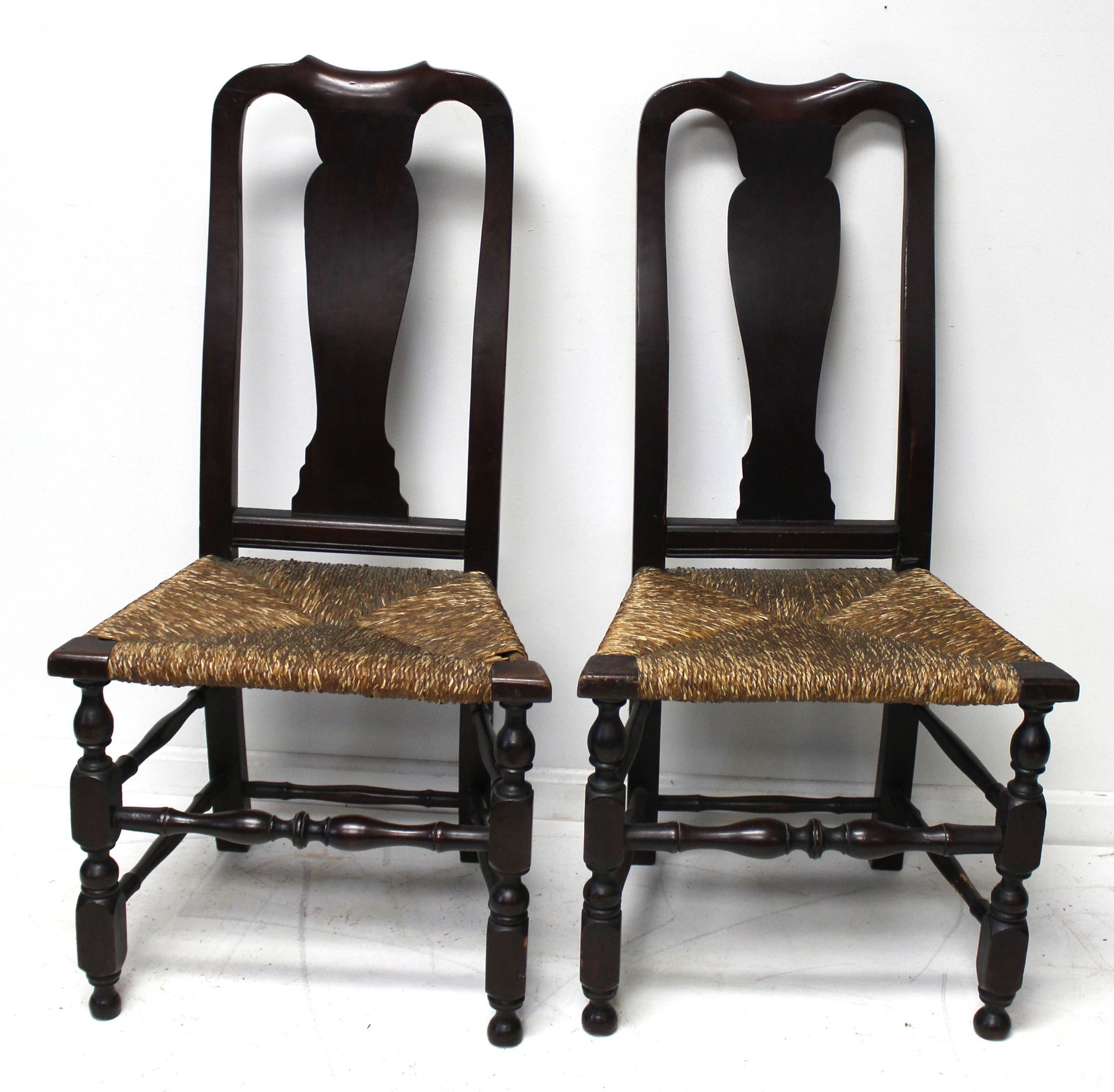 Pair of antique QA chairs w rush seats - 40" tall w 18" seat height: Pair of antique QA chairs w rush seats - 40" tall w 18" seat height