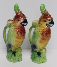 Pair of 19thC French Majolica Absinthe parrot form water pitchers -13" tall