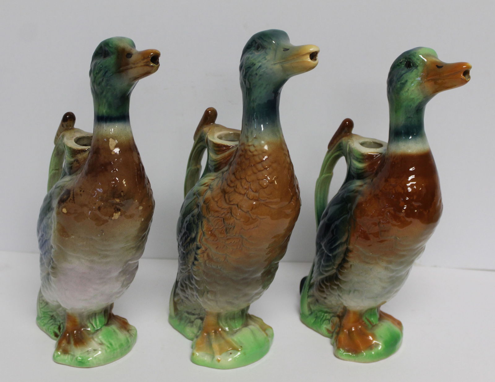 Lot of 3 19thC French Majolica Absinthe duck form water pitchers - 13" tall (1 of 6)