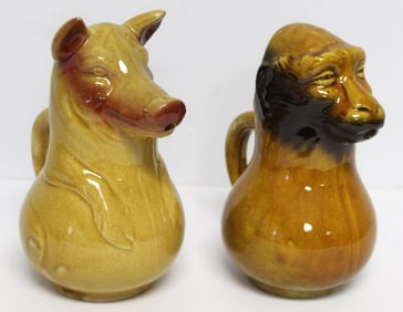 Lot of 2 19thC French Majolica Absinthe figural water pitchers - Pig & Monkey - 9" & 8 1/2" tall
