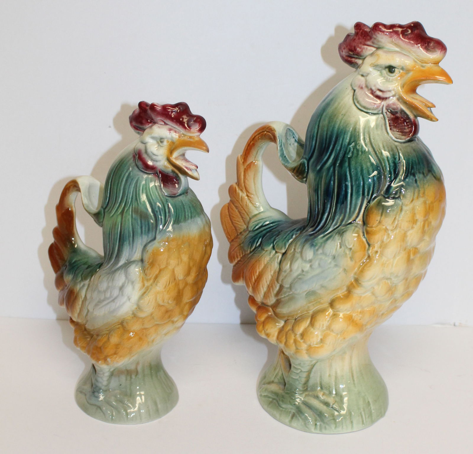 Lot of 2 19thC French Majolica Absinthe rooster form water pitchers  - 11" & 13 1/2" tall (1 of 5)
