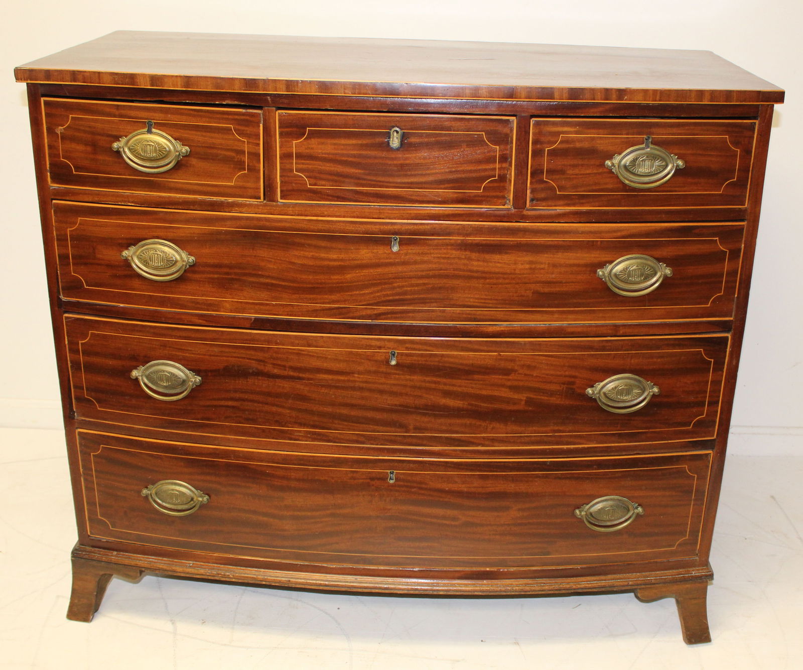 Antique Hepplewhite bowfront 3 over 3 drawer chest on French feet - 37" tall x 44" wide x 20" deep (1 of 6)
