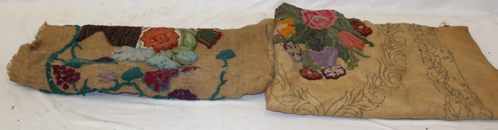 Lot of 2 partially done incomplete hooked rugs - 27"x38" & 38"x70"