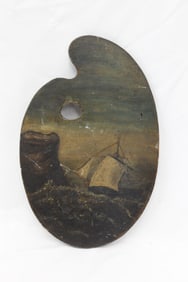 Antique oil painting on artist's pallet of a ship on stormy seas - 11 1/2" x 7 1/2"