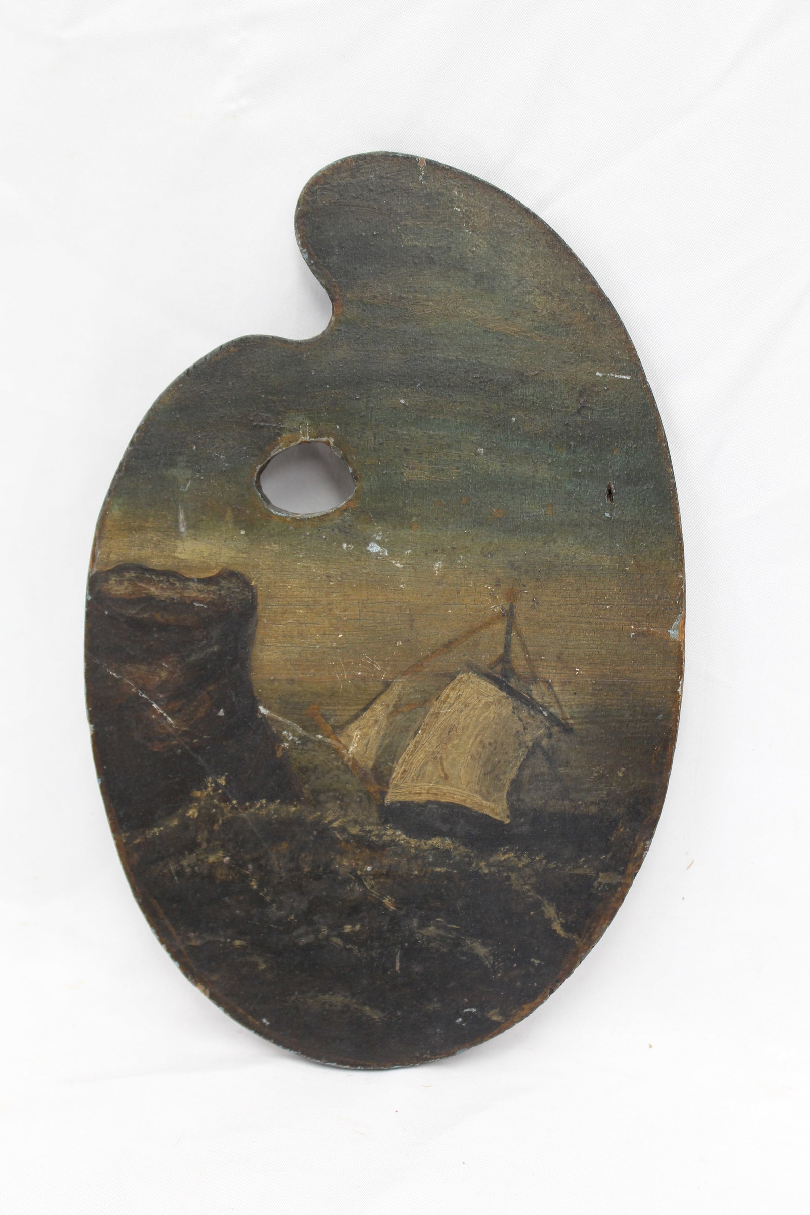 Antique oil painting on artist's pallet of a ship on stormy seas - 11 1/2" x 7 1/2": Antique oil painting on artist's pallet of a ship on stormy seas - 11 1/2" x 7 1/2"