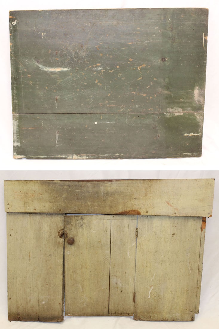 Lot of 2 antique furniture fragment panels in green paint incl dry sink front - (1 of 10)