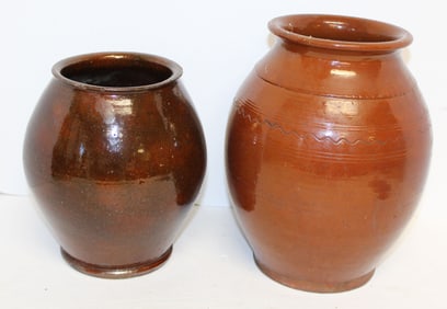 Lot of 2 antique redware jars - 8 1/2" tall x 43" diam & 11" tall x 5 1/2" diam