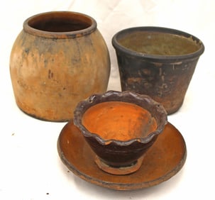 Lot of 4 pieces of vintage/antique stoneware & redware - 3 1/2" x 5 1/2" - 7"x7 1/2"