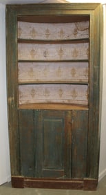 19thC Hudson Valley barrel back corner cupboard in original green paint w wallpaper backing & curved