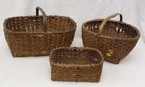 Lot of 3 antique baskets incl 2 rectangular & a round square bottom - 5"x12"x7 1/2" - 11"x20"x13"