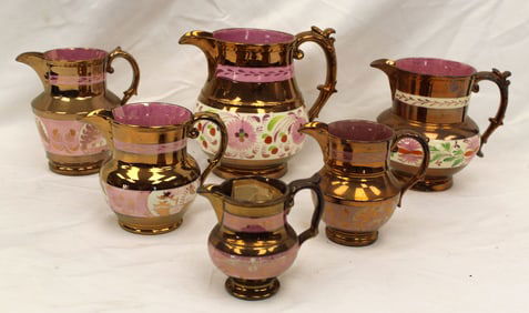 Lot of 6 pieces of pink Copper Luster creamers - 4" - 7 1/4" tall