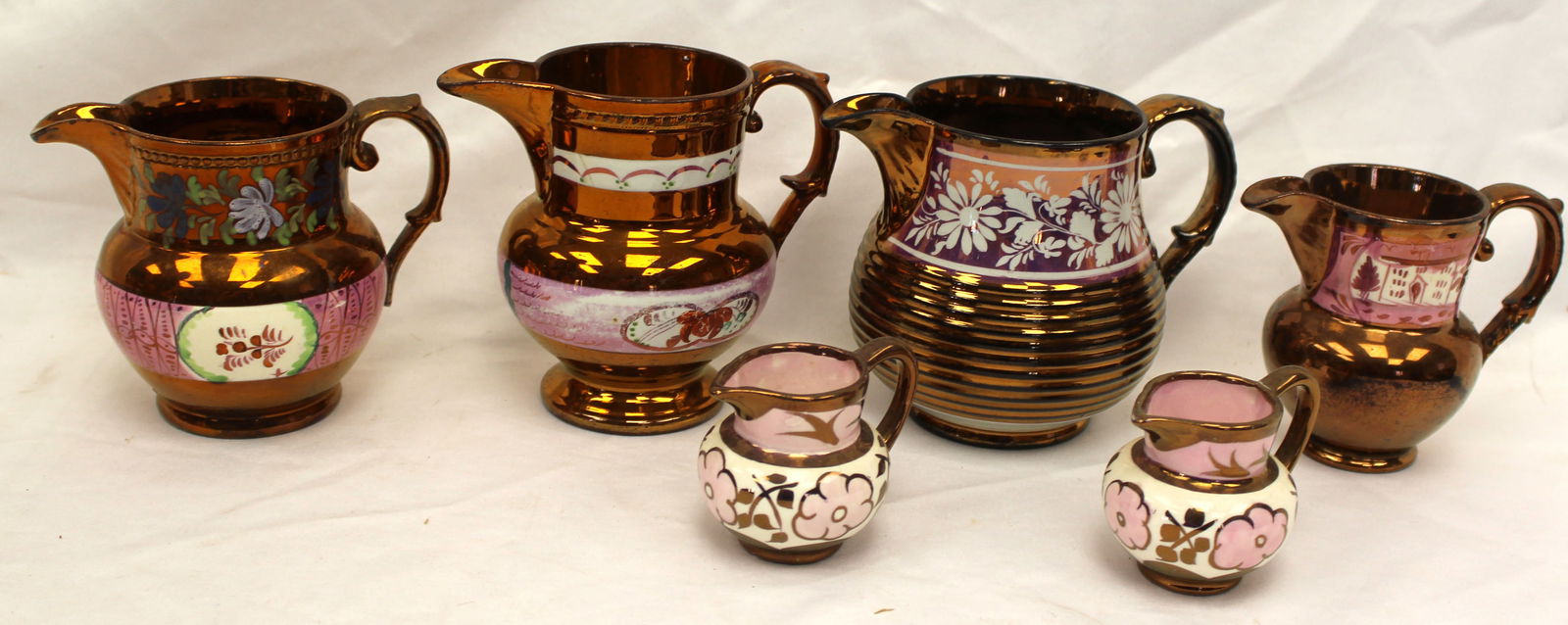 Lot of 6 pieces of pink Copper Luster creamers & cups - 2 1/4"-5" tall: Lot of 6 pieces of pink Copper Luster creamers & cups - 2 1/4"-5" tall